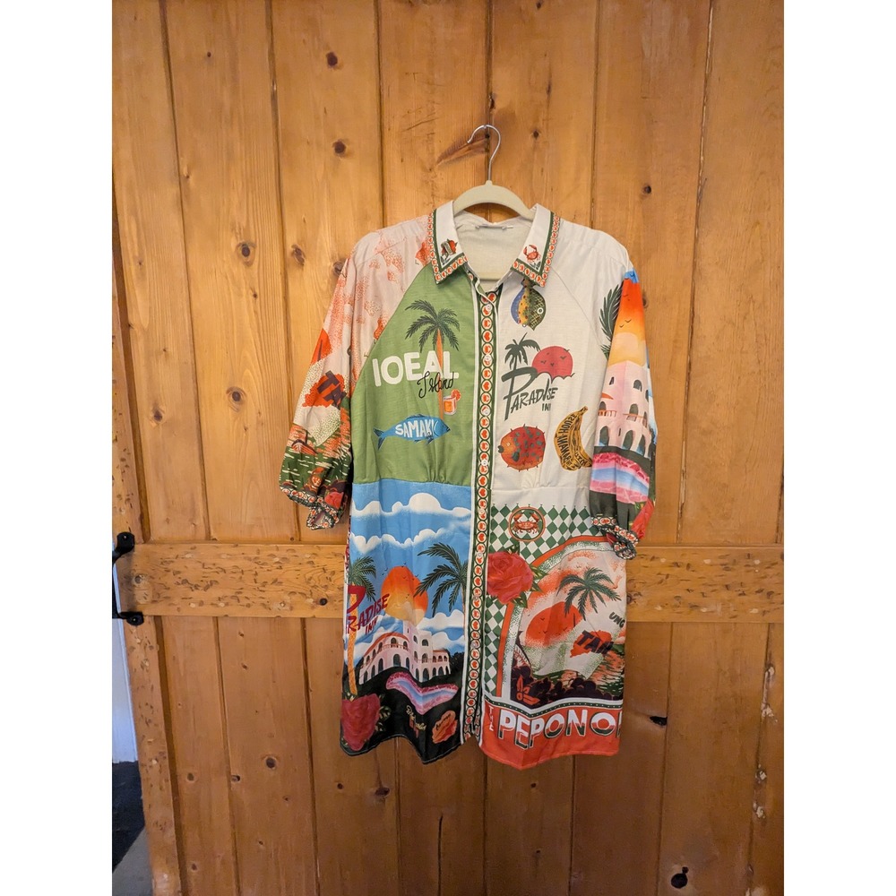Rotimia Tropical Postcard Print Button Down Shirt Dress 2XL (missing belt)